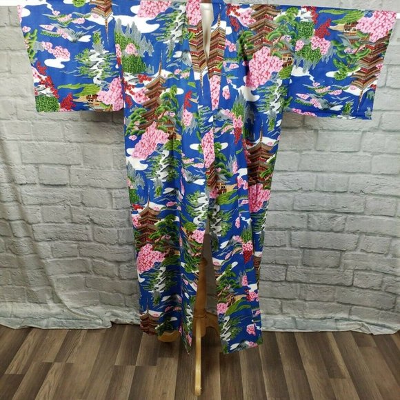 Hand Sewn Other - Vintage Japanese Silk Kimono Robe Dark Blue Villag